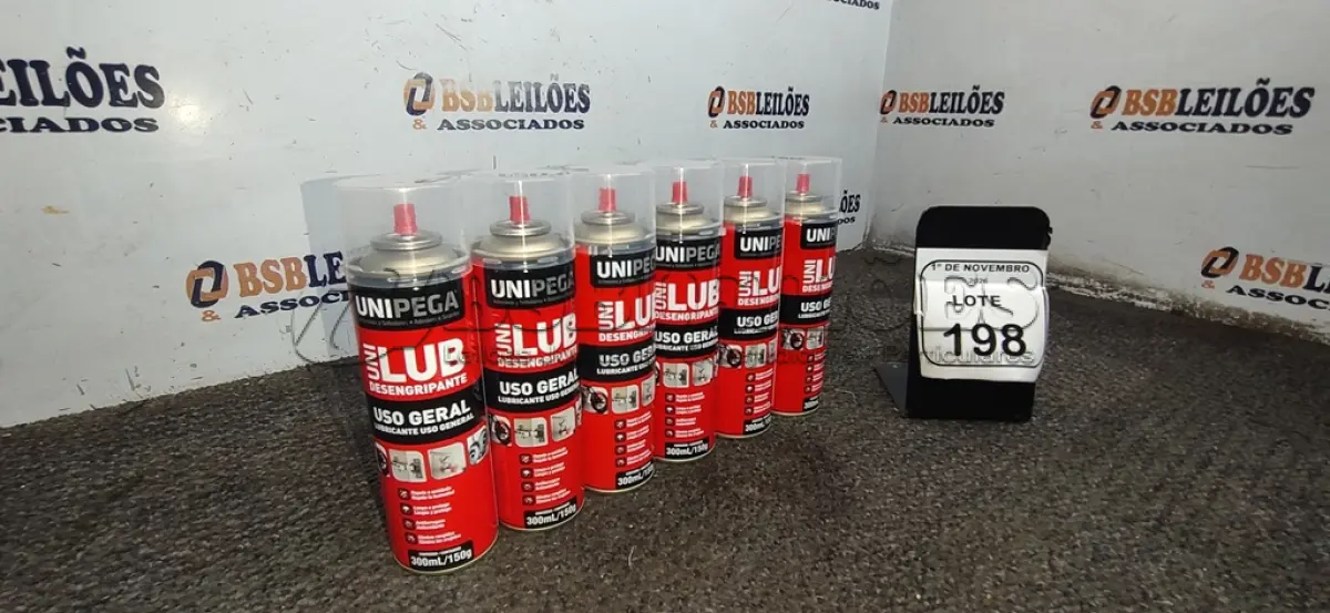 LOTE 198 - 06 LATAS DE DESENGRIPANTE LUBRIFICANTE DE USO GERAL DE 300ML CADA MARCA UNIPEGA. (NO ESTADO) ATENÇÃO! FAZER A VISITAÇÃO ANTES DE ARREMATAR, NÃO SABEMOS SE FUNCIONA, LEILÃO NÃO TEM GARANTIA E NEM DEVOLUÇÃO, SUJEITO A POSSÍVEIS AVARIAS VISÍVEIS/OCULTAS E/OU AUSÊNCIA DE COMPONENTES.