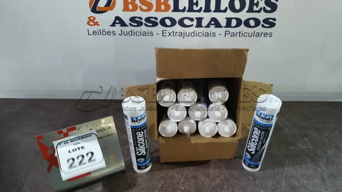 LOTE 222 - 12 CARTUCHOS DE SILICONE ACÉTICO USO GERAL NA COR PRETA DE 280G CADA MARCA TEK BOND. (NO ESTADO) ATENÇÃO! FAZER A VISITAÇÃO ANTES DE ARREMATAR, NÃO SABEMOS SE FUNCIONA, LEILÃO NÃO TEM GARANTIA E NEM DEVOLUÇÃO, SUJEITO A POSSÍVEIS AVARIAS VISÍVEIS/OCULTAS E/OU AUSÊNCIA DE COMPONENTES.
