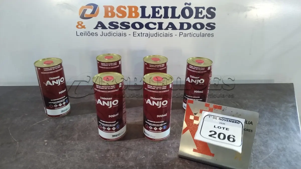 LOTE 206 - 06 LATAS DE TÍNER DE 900ML CADA MARCA ANJO TINTAS. (NO ESTADO) ATENÇÃO! FAZER A VISITAÇÃO ANTES DE ARREMATAR, NÃO SABEMOS SE FUNCIONA, LEILÃO NÃO TEM GARANTIA E NEM DEVOLUÇÃO, SUJEITO A POSSÍVEIS AVARIAS VISÍVEIS/OCULTAS E/OU AUSÊNCIA DE COMPONENTES.