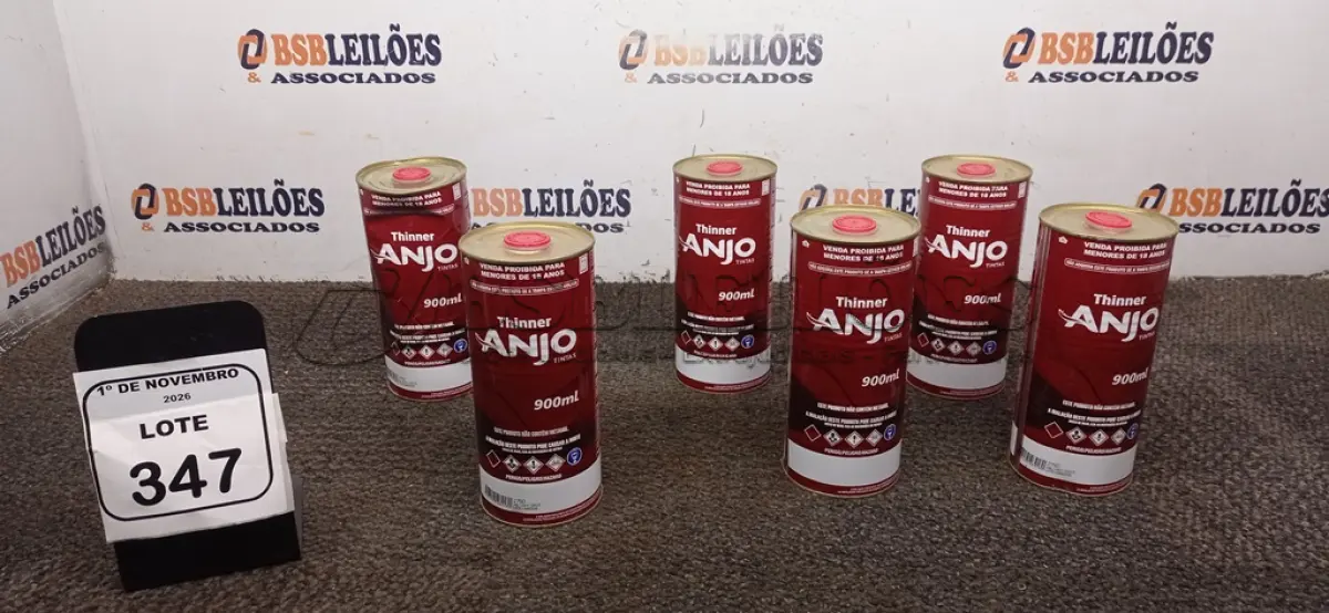 LOTE 347 - 06 LATAS DE TÍNER DE 900ML CADA MARCA ANJO TINTAS. (NO ESTADO) ATENÇÃO! FAZER A VISITAÇÃO ANTES DE ARREMATAR, NÃO SABEMOS SE FUNCIONA, LEILÃO NÃO TEM GARANTIA E NEM DEVOLUÇÃO, SUJEITO A POSSÍVEIS AVARIAS VISÍVEIS/OCULTAS E/OU AUSÊNCIA DE COMPONENTES.