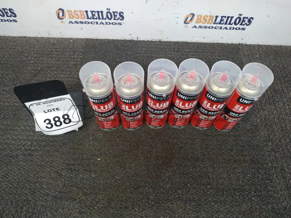 LOTE 388 - 06 LATAS DE DESENGRIPANTE LUBRIFICANTE DE USO GERAL DE 300ML CADA MARCA UNIPEGA. (NO ESTADO) ATENÇÃO! FAZER A VISITAÇÃO ANTES DE ARREMATAR, NÃO SABEMOS SE FUNCIONA, LEILÃO NÃO TEM GARANTIA E NEM DEVOLUÇÃO, SUJEITO A POSSÍVEIS AVARIAS VISÍVEIS/OCULTAS E/OU AUSÊNCIA DE COMPONENTES.