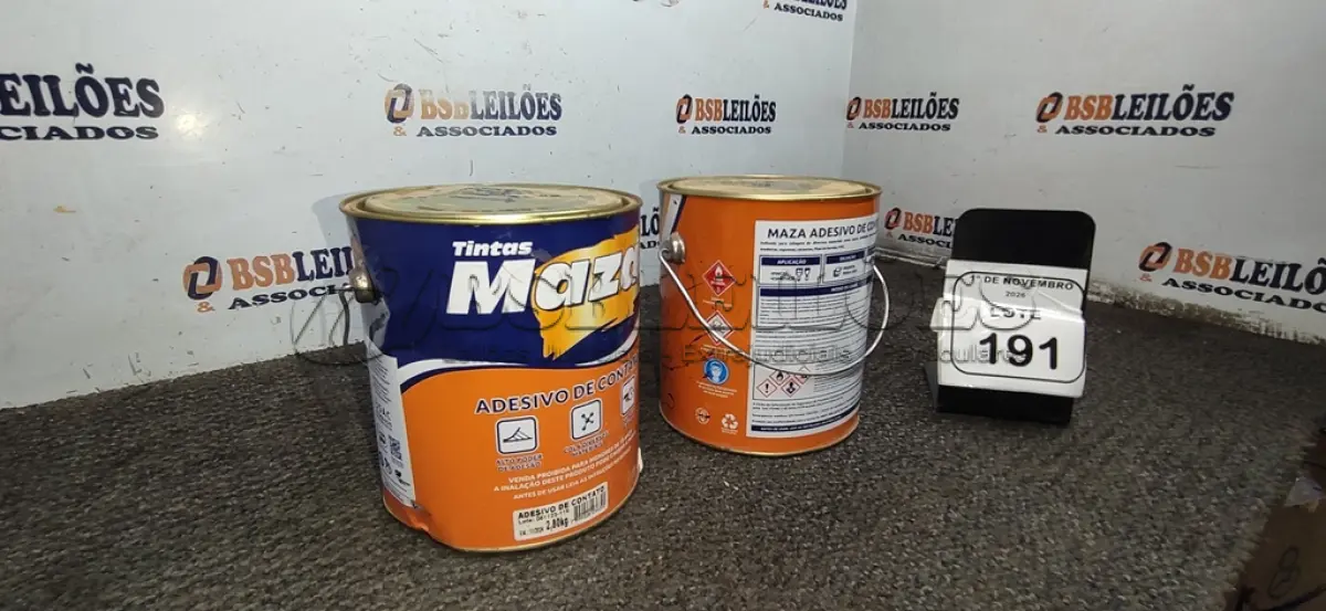 LOTE 191 - 02 LATAS DE ADESIVO DE CONTATO DE 2,80KG CADA MARCA MAZA. (NO ESTADO) ATENÇÃO! FAZER A VISITAÇÃO ANTES DE ARREMATAR, NÃO SABEMOS SE FUNCIONA, LEILÃO NÃO TEM GARANTIA E NEM DEVOLUÇÃO, SUJEITO A POSSÍVEIS AVARIAS VISÍVEIS/OCULTAS E/OU AUSÊNCIA DE COMPONENTES.