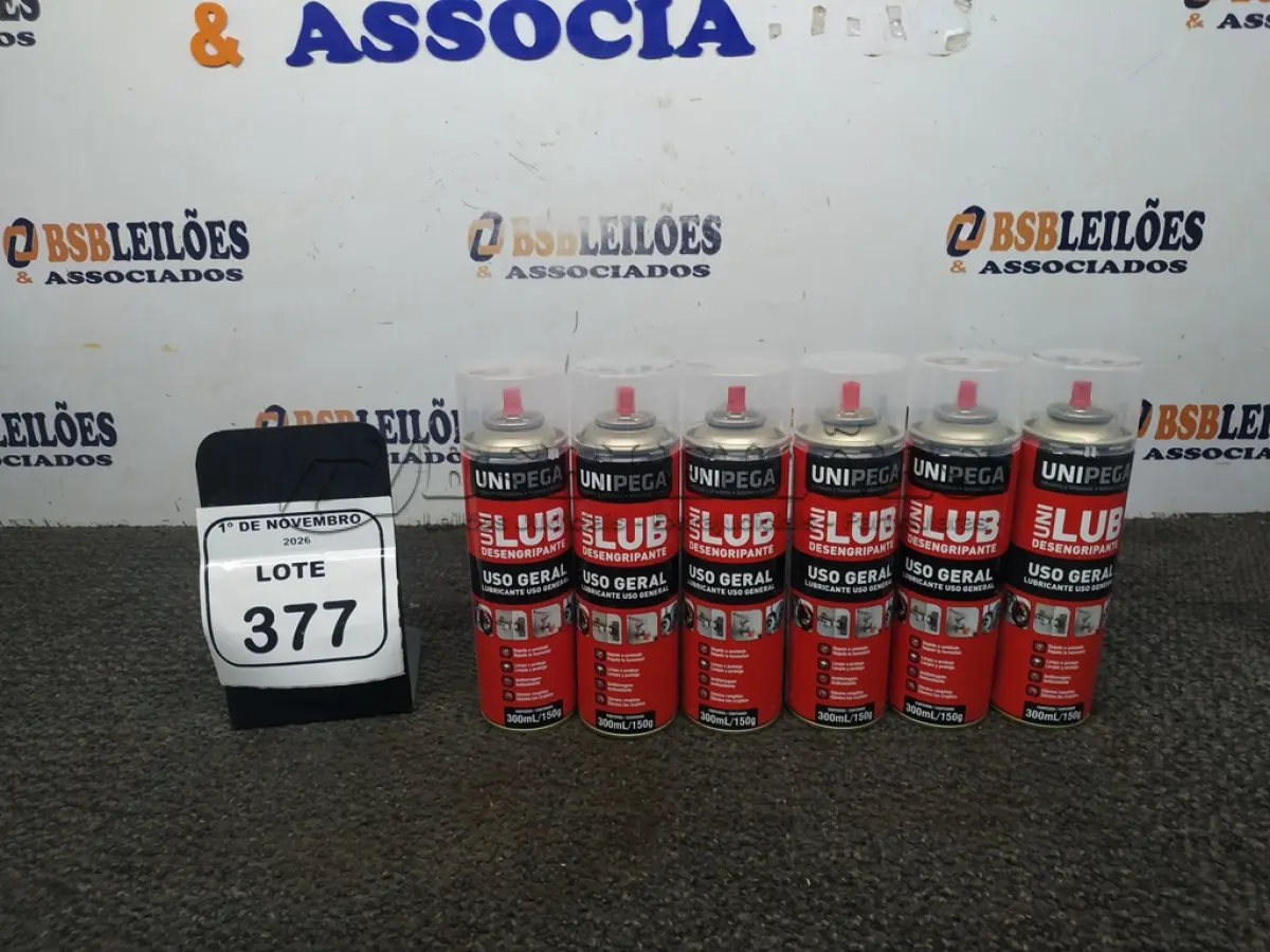 LOTE 377 - 06 LATAS DE DESENGRIPANTE LUBRIFICANTE DE USO GERAL DE 300ML CADA MARCA UNIPEGA. (NO ESTADO) ATENÇÃO! FAZER A VISITAÇÃO ANTES DE ARREMATAR, NÃO SABEMOS SE FUNCIONA, LEILÃO NÃO TEM GARANTIA E NEM DEVOLUÇÃO, SUJEITO A POSSÍVEIS AVARIAS VISÍVEIS/OCULTAS E/OU AUSÊNCIA DE COMPONENTES.