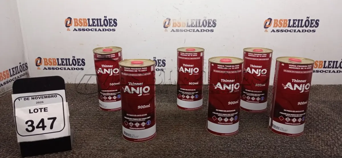 LOTE 347 - 06 LATAS DE TÍNER DE 900ML CADA MARCA ANJO TINTAS. (NO ESTADO) ATENÇÃO! FAZER A VISITAÇÃO ANTES DE ARREMATAR, NÃO SABEMOS SE FUNCIONA, LEILÃO NÃO TEM GARANTIA E NEM DEVOLUÇÃO, SUJEITO A POSSÍVEIS AVARIAS VISÍVEIS/OCULTAS E/OU AUSÊNCIA DE COMPONENTES.