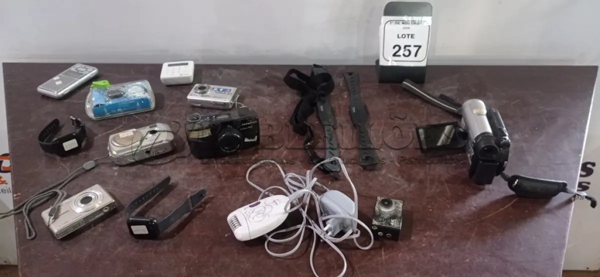 LOTE 257 - 02 TRANSMISSORES DE MONITOR CARDÍACO, 02 RELÓGIOS INTELIGENTES, 01 BALANÇA DE PRECISÃO, 01 DEPILADOR ELÉTRICO E 07 CÂMERAS FOTOGRÁFICAS DE MARCAS E MODELOS DIVERSOS. (NO ESTADO) ATENÇÃO! FAZER A VISITAÇÃO ANTES DE ARREMATAR, NÃO SABEMOS SE FUNCIONA, LEILÃO NÃO TEM GARANTIA E NEM DEVOLUÇÃO, SUJEITO A POSSÍVEIS AVARIAS VISÍVEIS/OCULTAS E/OU AUSÊNCIA DE COMPONENTES.