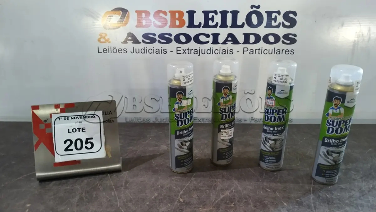 LOTE 205 - 04 LIMPADORES BRILHO INOX EM AEROSSOL DE 300ML CADA MARCA SUPER DOM. (NO ESTADO) ATENÇÃO! FAZER A VISITAÇÃO ANTES DE ARREMATAR, NÃO SABEMOS SE FUNCIONA, LEILÃO NÃO TEM GARANTIA E NEM DEVOLUÇÃO, SUJEITO A POSSÍVEIS AVARIAS VISÍVEIS/OCULTAS E/OU AUSÊNCIA DE COMPONENTES.