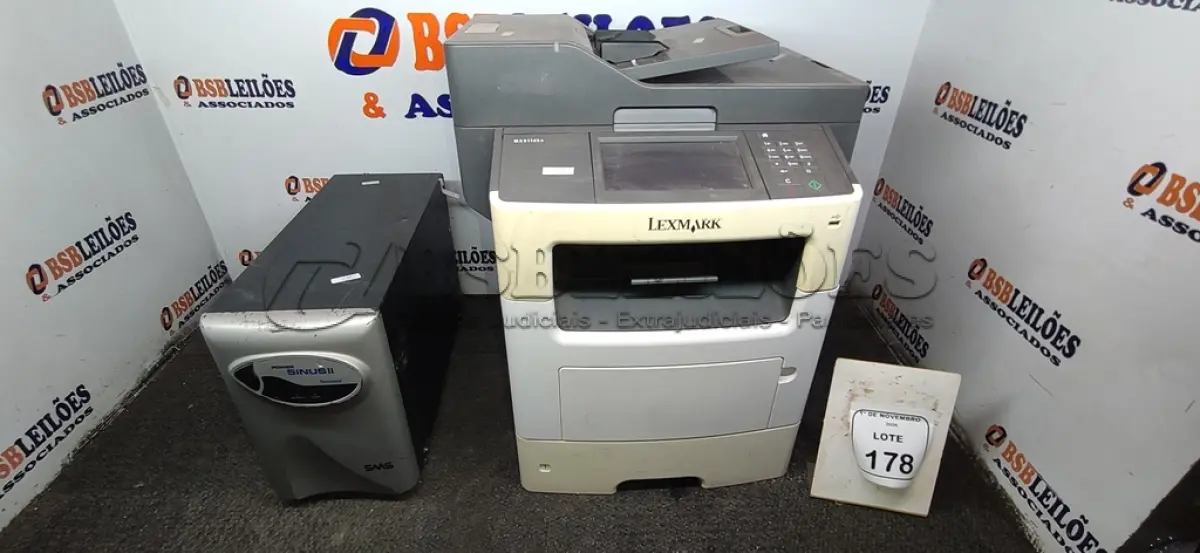 LOTE 178 - 01 IMPRESSORA MODELO MX611DHE MARCA LEXMARK E 01 NOBREAK SENOIDAL. (NO ESTADO) ATENÇÃO! FAZER A VISITAÇÃO ANTES DE ARREMATAR, NÃO SABEMOS SE FUNCIONA, LEILÃO NÃO TEM GARANTIA E NEM DEVOLUÇÃO, SUJEITO A POSSÍVEIS AVARIAS VISÍVEIS/OCULTAS E/OU AUSÊNCIA DE COMPONENTES.