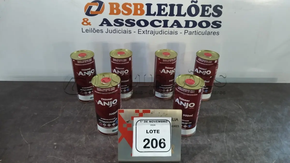 LOTE 206 - 06 LATAS DE TÍNER DE 900ML CADA MARCA ANJO TINTAS. (NO ESTADO) ATENÇÃO! FAZER A VISITAÇÃO ANTES DE ARREMATAR, NÃO SABEMOS SE FUNCIONA, LEILÃO NÃO TEM GARANTIA E NEM DEVOLUÇÃO, SUJEITO A POSSÍVEIS AVARIAS VISÍVEIS/OCULTAS E/OU AUSÊNCIA DE COMPONENTES.