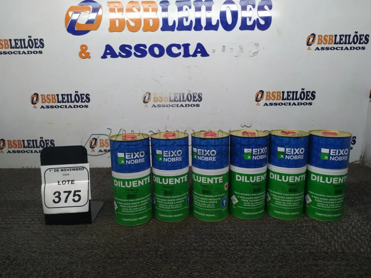 LOTE 375 - 06 LATAS DE DILUENTE THINNER 16 DE 900ML CADA MARCA EIXO NOBRE. (NO ESTADO) ATENÇÃO! FAZER A VISITAÇÃO ANTES DE ARREMATAR, NÃO SABEMOS SE FUNCIONA, LEILÃO NÃO TEM GARANTIA E NEM DEVOLUÇÃO, SUJEITO A POSSÍVEIS AVARIAS VISÍVEIS/OCULTAS E/OU AUSÊNCIA DE COMPONENTES.