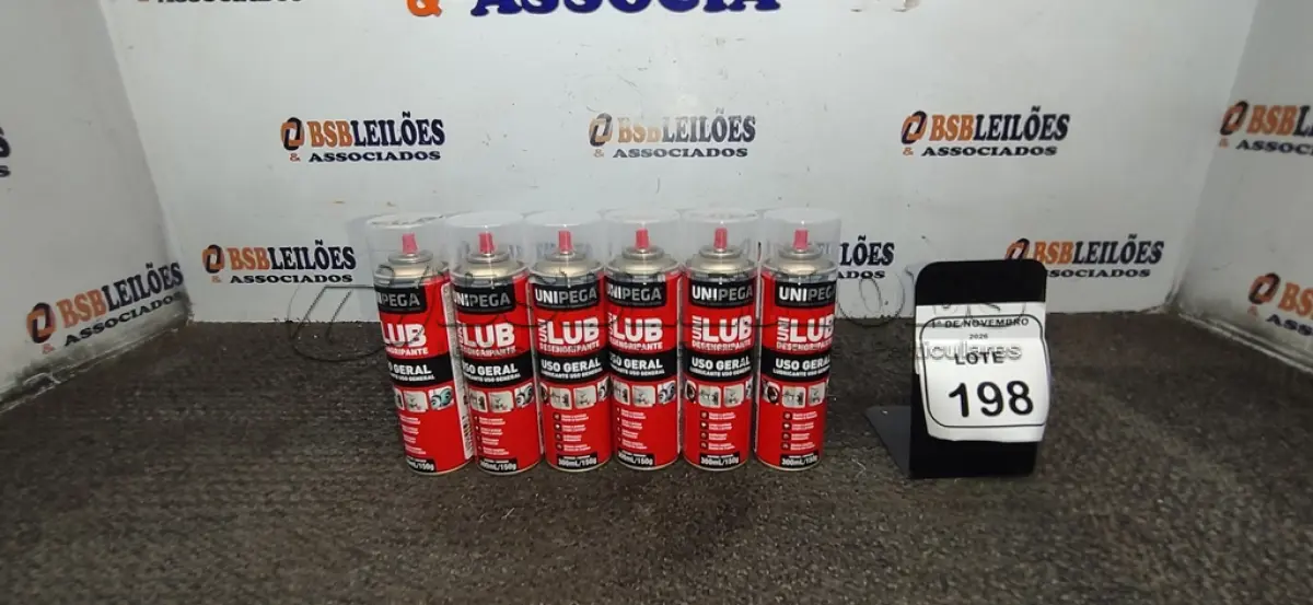 LOTE 198 - 06 LATAS DE DESENGRIPANTE LUBRIFICANTE DE USO GERAL DE 300ML CADA MARCA UNIPEGA. (NO ESTADO) ATENÇÃO! FAZER A VISITAÇÃO ANTES DE ARREMATAR, NÃO SABEMOS SE FUNCIONA, LEILÃO NÃO TEM GARANTIA E NEM DEVOLUÇÃO, SUJEITO A POSSÍVEIS AVARIAS VISÍVEIS/OCULTAS E/OU AUSÊNCIA DE COMPONENTES.