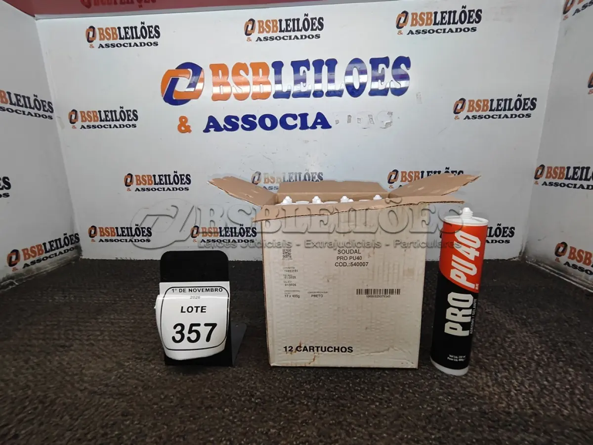 LOTE 357 - 12 CARTUCHOS DE ADESIVO/SELANTE PRO PU 40. (NO ESTADO) ATENÇÃO! FAZER A VISITAÇÃO ANTES DE ARREMATAR, NÃO SABEMOS SE FUNCIONA, LEILÃO NÃO TEM GARANTIA E NEM DEVOLUÇÃO, SUJEITO A POSSÍVEIS AVARIAS VISÍVEIS/OCULTAS E/OU AUSÊNCIA DE COMPONENTES.