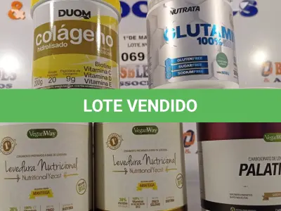 LOTE 069 - 02 POTES DE LEVEDURA NUTRICIONAL VEGAN WAY 200G SABOR MANTEIGA, 01 COLÁGENO DUOM HIDROLISADO EM PÓ SABOR ABACAXI, GLUTAMINA 100% IMUNO (NUTRATA 300G) E 01 PALATINOSE VEGAN WAY 495G. (NO ESTADO, LEILÃO NÃO TEM GARANTIA E NEM DEVOLUÇÃO, SUJEITO A POSSÍVEIS AVARIAS VISÍVEIS/OCULTAS E/OU AUSÊNCIA DE COMPONENTES).