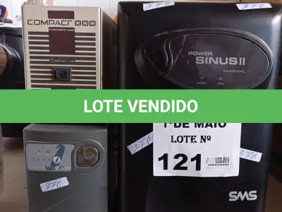 LOTE 121 - 01 NOBREAK MARCA SMS 3.200VA, 01 RAGTECH 600VA E 01 ESTABILIZADOR GR SAVAGE DE 1.000VA. (NO ESTADO, LEILÃO NÃO TEM GARANTIA E NEM DEVOLUÇÃO, SUJEITO A POSSÍVEIS AVARIAS VISÍVEIS/OCULTAS E/OU AUSÊNCIA DE COMPONENTES).