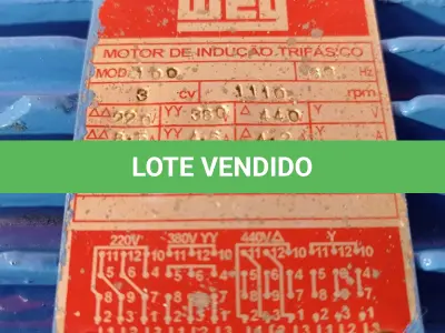 LOTE 185 - 01 MOTOR ELÉTRICO TRIFÁSICO. (NO ESTADO, LEILÃO NÃO TEM GARANTIA E NEM DEVOLUÇÃO, SUJEITO A POSSÍVEIS AVARIAS VISÍVEIS/OCULTAS E/OU AUSÊNCIA DE COMPONENTES).