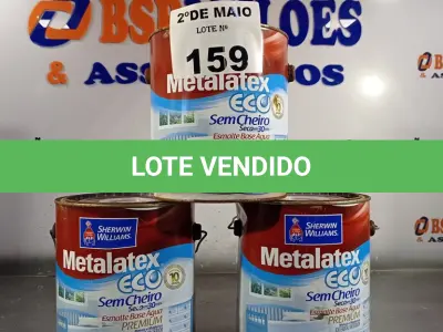 LOTE 159 - 03 GALÕES DE ESMALTE BASE D’AGUA METALATEX BASE ALTO BRILHO 3,6L. (NO ESTADO, LEILÃO NÃO TEM GARANTIA E NEM DEVOLUÇÃO, SUJEITO A POSSÍVEIS AVARIAS VISÍVEIS/OCULTAS E/OU AUSÊNCIA DE COMPONENTES).