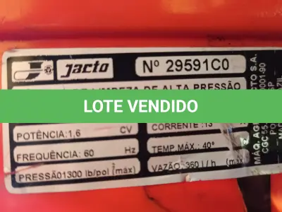 LOTE 344 - 01 LAVADORA DE ALTA PRESSÃO MARCA JACTO 110V. (NO ESTADO, LEILÃO NÃO TEM GARANTIA E NEM DEVOLUÇÃO, SUJEITO A POSSÍVEIS AVARIAS VISÍVEIS/OCULTAS E/OU AUSÊNCIA DE COMPONENTES).