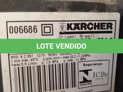 LOTE 343 - 01 LAVADORA DE ALTA PRESSÃO MARCA KARCHER 127V. (NO ESTADO, LEILÃO NÃO TEM GARANTIA E NEM DEVOLUÇÃO, SUJEITO A POSSÍVEIS AVARIAS VISÍVEIS/OCULTAS E/OU AUSÊNCIA DE COMPONENTES).