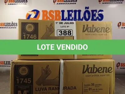 LOTE 388 - 02 CAIXAS DE LUVAS RANHURADA DE LÁTEX TAMANHOS “M/G” COM 36 PACOTES CADA. (NO ESTADO, LEILÃO NÃO TEM GARANTIA E NEM DEVOLUÇÃO, SUJEITO A POSSÍVEIS AVARIAS VISÍVEIS/OCULTAS E/OU AUSÊNCIA DE COMPONENTES).