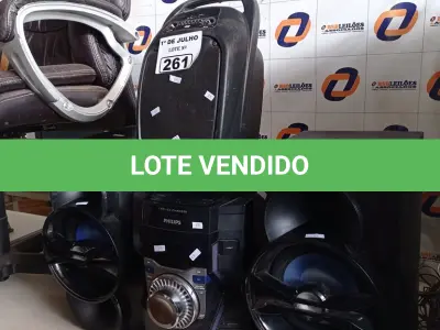 LOTE 261 - 01 APARELHO DE SOM 3X1 MARCA PHILIPS E 01 CAIXA DE SOM BLUETOOTH COM AVARIAS. (NO ESTADO, LEILÃO NÃO TEM GARANTIA E NEM DEVOLUÇÃO, SUJEITO A POSSÍVEIS AVARIAS VISÍVEIS/OCULTAS E/OU AUSÊNCIA DE COMPONENTES).