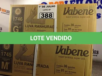 LOTE 388 - 02 CAIXAS DE LUVAS RANHURADA DE LÁTEX TAMANHOS “M/G” COM 36 PACOTES CADA. (NO ESTADO, LEILÃO NÃO TEM GARANTIA E NEM DEVOLUÇÃO, SUJEITO A POSSÍVEIS AVARIAS VISÍVEIS/OCULTAS E/OU AUSÊNCIA DE COMPONENTES).