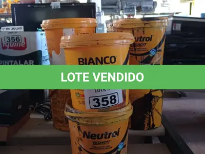 LOTE 358 - 04 BALDES DE PRIMER ASFÁLTICO, 03 BALDES DE NELTROL, 01 DE VEDAPREN PAREDE, 01 DE VEDACIT BIANCO E 01 ADITIVO IMPERMEABILIZANTE PARA CONCRETO E ARGAMASSAS 3,6L TODOS COM AVARIAS. (NO ESTADO, LEILÃO NÃO TEM GARANTIA E NEM DEVOLUÇÃO, SUJEITO A POSSÍVEIS AVARIAS VISÍVEIS/OCULTAS E/OU AUSÊNCIA DE COMPONENTES).