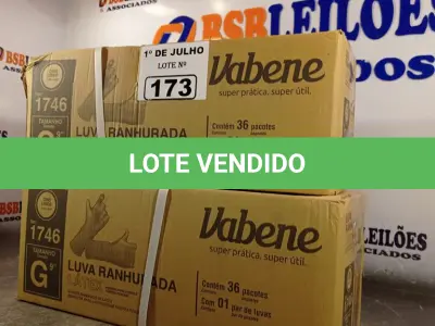 LOTE 173 - 02 CAIXAS COM LUVAS RANHURADA EM LÁTEX TAMANHO “G” COM 36 PACOTES CADA. (NO ESTADO, LEILÃO NÃO TEM GARANTIA E NEM DEVOLUÇÃO, SUJEITO A POSSÍVEIS AVARIAS VISÍVEIS/OCULTAS E/OU AUSÊNCIA DE COMPONENTES).