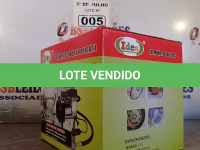LOTE 005 - 01 COMPRESSOR DE AR PORTÁTIL 12V. (NO ESTADO, LEILÃO NÃO TEM GARANTIA E NEM DEVOLUÇÃO, SUJEITO A POSSÍVEIS AVARIAS VISÍVEIS/OCULTAS E/OU AUSÊNCIA DE COMPONENTES).