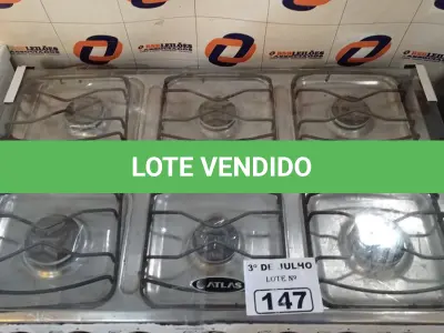 LOTE 147 - 01 FOGÃO A GÁS 06 BOCAS MARCA ATLAS. (NO ESTADO, LEILÃO NÃO TEM GARANTIA E NEM DEVOLUÇÃO, SUJEITO A POSSÍVEIS AVARIAS VISÍVEIS/OCULTAS E/OU AUSÊNCIA DE COMPONENTES).