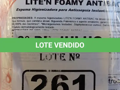 LOTE 261 - 10 LITROS DE ESPUMA HIGIENIZADORA PARA ANTISSEPSIA INSTANTÂNEA DAS MÃOS. (NO ESTADO, LEILÃO NÃO TEM GARANTIA E NEM DEVOLUÇÃO, SUJEITO A POSSÍVEIS AVARIAS VISÍVEIS/OCULTAS E/OU AUSÊNCIA DE COMPONENTES).