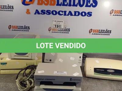 LOTE 191 - 01 FRAGMENTADORA DE PAPEL, 01 SCANER, 01 IMPRESSORA DE CHEQUE E 01 RELÓGIO DE PONDO MARCAS E MODELOS DIVERSOS. (NO ESTADO, LEILÃO NÃO TEM GARANTIA E NEM DEVOLUÇÃO, SUJEITO A POSSÍVEIS AVARIAS VISÍVEIS/OCULTAS E/OU AUSÊNCIA DE COMPONENTES).