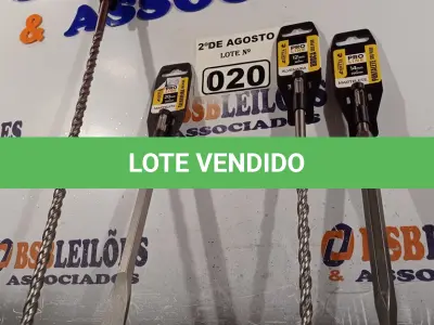 LOTE 020 - 02 PONTALETE, SENDO 01 20MMX250MM E 01 14MMX250 E 02 BROCAS, SENDO 01 DE 12MMX450MM E 01 DE 12MMX250MM. (NOVO) (NO ESTADO) ATENÇÃO! FAZER A VISITAÇÃO ANTES DE ARREMATAR, NÃO SABEMOS SE FUNCIONA. LEILÃO NÃO TEM GARANTIA E NEM DEVOLUÇÃO, SUJEITO A POSSÍVEIS AVARIAS VISÍVEIS/OCULTAS E/OU AUSÊNCIA DE COMPONENTES.
