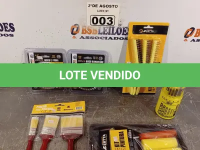 LOTE 003 - 01 DISCO C/ VÍDEA 40 DENTES 4,5”, 01 DISCO DIAMANTADO 110MM DENTE DE 7,5MM CORTE 2,0MM, 03 PINCEIS PARA PINTURA, 01 KIT ESCOVAS LONGAS MULTIUSO, 01 KIT PINTURA E 01 KIT DE BROCAS PAR ALVENARIA, MADEIRA E METAL.(NOVO) (NO ESTADO) ATENÇÃO! FAZER A VISITAÇÃO ANTES DE ARREMATAR, NÃO SABEMOS SE FUNCIONA. LEILÃO NÃO TEM GARANTIA E NEM DEVOLUÇÃO, SUJEITO A POSSÍVEIS AVARIAS VISÍVEIS/OCULTAS E/OU AUSÊNCIA DE COMPONENTES.