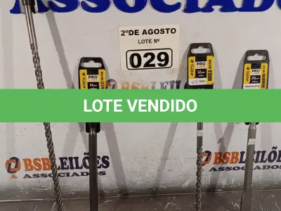 LOTE 029 - 02 BROCAS, SENDO 01 DE 12MMX450MM, 01 DE 12MMX250MM, 01 TALHADEIRA DE 20MM.X250MM E 01 PONTALETE 14MMX250MM(NOVO) (NO ESTADO) ATENÇÃO! FAZER A VISITAÇÃO ANTES DE ARREMATAR, NÃO SABEMOS SE FUNCIONA. LEILÃO NÃO TEM GARANTIA E NEM DEVOLUÇÃO, SUJEITO A POSSÍVEIS AVARIAS VISÍVEIS/OCULTAS E/OU AUSÊNCIA DE COMPONENTES.