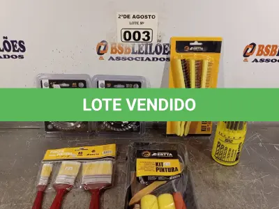 LOTE 003 - 01 DISCO C/ VÍDEA 40 DENTES 4,5”, 01 DISCO DIAMANTADO 110MM DENTE DE 7,5MM CORTE 2,0MM, 03 PINCEIS PARA PINTURA, 01 KIT ESCOVAS LONGAS MULTIUSO, 01 KIT PINTURA E 01 KIT DE BROCAS PAR ALVENARIA, MADEIRA E METAL.(NOVO) (NO ESTADO) ATENÇÃO! FAZER A VISITAÇÃO ANTES DE ARREMATAR, NÃO SABEMOS SE FUNCIONA. LEILÃO NÃO TEM GARANTIA E NEM DEVOLUÇÃO, SUJEITO A POSSÍVEIS AVARIAS VISÍVEIS/OCULTAS E/OU AUSÊNCIA DE COMPONENTES.