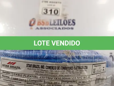 LOTE 310 - 01 CABO FLEXÍVEL DE FIO DE 100M 1X10,00MM² AZUL. (NOVO) (NO ESTADO) ATENÇÃO! FAZER A VISITAÇÃO ANTES DE ARREMATAR, NÃO SABEMOS SE FUNCIONA. LEILÃO NÃO TEM GARANTIA E NEM DEVOLUÇÃO, SUJEITO A POSSÍVEIS AVARIAS VISÍVEIS/OCULTAS E/OU AUSÊNCIA DE COMPONENTES.