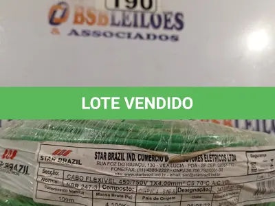 LOTE 190 - 01 CABO FLEXÍVEL DE FIO DE 100M 1X4,00MM² VERDE. (NOVO) (NO ESTADO) ATENÇÃO! FAZER A VISITAÇÃO ANTES DE ARREMATAR, NÃO SABEMOS SE FUNCIONA. LEILÃO NÃO TEM GARANTIA E NEM DEVOLUÇÃO, SUJEITO A POSSÍVEIS AVARIAS VISÍVEIS/OCULTAS E/OU AUSÊNCIA DE COMPONENTES.