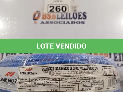 LOTE 260 - 01 CABO FLEXÍVEL DE FIO DE 100M 1X4,00MM² AZUL. (NOVO) (NO ESTADO) ATENÇÃO! FAZER A VISITAÇÃO ANTES DE ARREMATAR, NÃO SABEMOS SE FUNCIONA. LEILÃO NÃO TEM GARANTIA E NEM DEVOLUÇÃO, SUJEITO A POSSÍVEIS AVARIAS VISÍVEIS/OCULTAS E/OU AUSÊNCIA DE COMPONENTES.