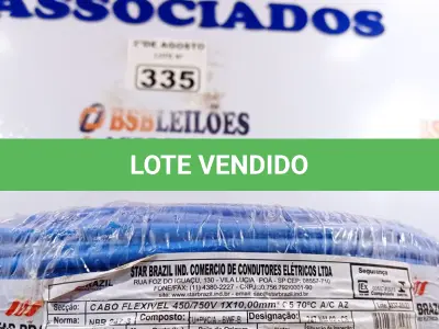 LOTE 335 - 01 CABO FLEXÍVEL DE FIO DE 100M 1X10,00MM² AZUL. (NOVO) (NO ESTADO) ATENÇÃO! FAZER A VISITAÇÃO ANTES DE ARREMATAR, NÃO SABEMOS SE FUNCIONA. LEILÃO NÃO TEM GARANTIA E NEM DEVOLUÇÃO, SUJEITO A POSSÍVEIS AVARIAS VISÍVEIS/OCULTAS E/OU AUSÊNCIA DE COMPONENTES.