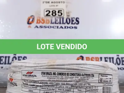 LOTE 285 - 01 CABO FLEXÍVEL DE FIO DE 100M 1X2,50MM² BRANCO. (NOVO) (NO ESTADO) ATENÇÃO! FAZER A VISITAÇÃO ANTES DE ARREMATAR, NÃO SABEMOS SE FUNCIONA. LEILÃO NÃO TEM GARANTIA E NEM DEVOLUÇÃO, SUJEITO A POSSÍVEIS AVARIAS VISÍVEIS/OCULTAS E/OU AUSÊNCIA DE COMPONENTES.