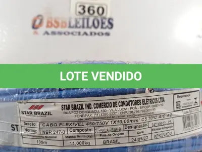 LOTE 360 - 01 CABO FLEXÍVEL DE FIO DE 100M 1X10,00MM² AZUL. (NOVO) (NO ESTADO) ATENÇÃO! FAZER A VISITAÇÃO ANTES DE ARREMATAR, NÃO SABEMOS SE FUNCIONA. LEILÃO NÃO TEM GARANTIA E NEM DEVOLUÇÃO, SUJEITO A POSSÍVEIS AVARIAS VISÍVEIS/OCULTAS E/OU AUSÊNCIA DE COMPONENTES.