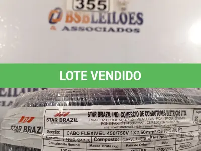 LOTE 355 - 01 CABO FLEXÍVEL DE FIO DE 100M 1X2,50MM² PRETO. (NOVO) (NO ESTADO) ATENÇÃO! FAZER A VISITAÇÃO ANTES DE ARREMATAR, NÃO SABEMOS SE FUNCIONA. LEILÃO NÃO TEM GARANTIA E NEM DEVOLUÇÃO, SUJEITO A POSSÍVEIS AVARIAS VISÍVEIS/OCULTAS E/OU AUSÊNCIA DE COMPONENTES.