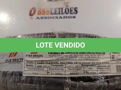LOTE 235 - 01 CABO FLEXÍVEL DE FIO DE 100M 1X10,00MM² PRETO. (NOVO) (NO ESTADO) ATENÇÃO! FAZER A VISITAÇÃO ANTES DE ARREMATAR, NÃO SABEMOS SE FUNCIONA. LEILÃO NÃO TEM GARANTIA E NEM DEVOLUÇÃO, SUJEITO A POSSÍVEIS AVARIAS VISÍVEIS/OCULTAS E/OU AUSÊNCIA DE COMPONENTES.