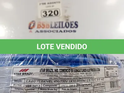 LOTE 320 - 01 CABO FLEXÍVEL DE FIO DE 100M 1X10,00MM² AZUL. (NOVO) (NO ESTADO) ATENÇÃO! FAZER A VISITAÇÃO ANTES DE ARREMATAR, NÃO SABEMOS SE FUNCIONA. LEILÃO NÃO TEM GARANTIA E NEM DEVOLUÇÃO, SUJEITO A POSSÍVEIS AVARIAS VISÍVEIS/OCULTAS E/OU AUSÊNCIA DE COMPONENTES.