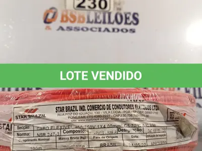 LOTE 230 - 01 CABO FLEXÍVEL DE FIO DE 100M 1X4,00MM² VERMELHO. (NOVO) (NO ESTADO) ATENÇÃO! FAZER A VISITAÇÃO ANTES DE ARREMATAR, NÃO SABEMOS SE FUNCIONA. LEILÃO NÃO TEM GARANTIA E NEM DEVOLUÇÃO, SUJEITO A POSSÍVEIS AVARIAS VISÍVEIS/OCULTAS E/OU AUSÊNCIA DE COMPONENTES.
