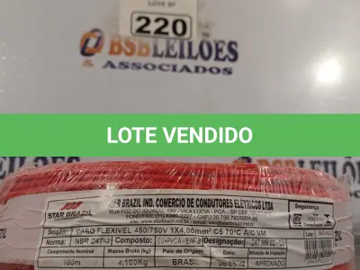 LOTE 220 - 01 CABO FLEXÍVEL DE FIO DE 100M 1X4,00MM² VERMELHO. (NOVO) (NO ESTADO) ATENÇÃO! FAZER A VISITAÇÃO ANTES DE ARREMATAR, NÃO SABEMOS SE FUNCIONA. LEILÃO NÃO TEM GARANTIA E NEM DEVOLUÇÃO, SUJEITO A POSSÍVEIS AVARIAS VISÍVEIS/OCULTAS E/OU AUSÊNCIA DE COMPONENTES.
