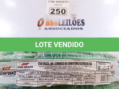 LOTE 250 - 01 CABO FLEXÍVEL DE FIO DE 100M 1X10,0MM² VERDE. (NOVO) (NO ESTADO) ATENÇÃO! FAZER A VISITAÇÃO ANTES DE ARREMATAR, NÃO SABEMOS SE FUNCIONA. LEILÃO NÃO TEM GARANTIA E NEM DEVOLUÇÃO, SUJEITO A POSSÍVEIS AVARIAS VISÍVEIS/OCULTAS E/OU AUSÊNCIA DE COMPONENTES.
