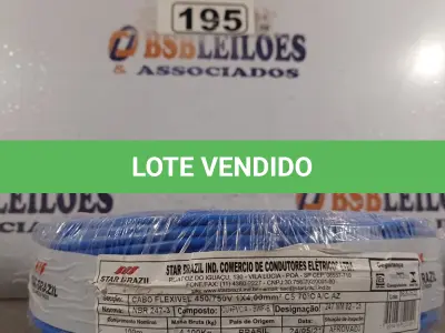 LOTE 195 - 01 CABO FLEXÍVEL DE FIO DE 100M 1X4,00MM² AZUL. (NOVO) (NO ESTADO) ATENÇÃO! FAZER A VISITAÇÃO ANTES DE ARREMATAR, NÃO SABEMOS SE FUNCIONA. LEILÃO NÃO TEM GARANTIA E NEM DEVOLUÇÃO, SUJEITO A POSSÍVEIS AVARIAS VISÍVEIS/OCULTAS E/OU AUSÊNCIA DE COMPONENTES.