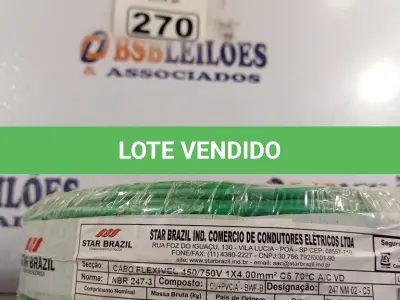 LOTE 270 - 01 CABO FLEXÍVEL DE FIO DE 100M 1X4,00MM² VERDE. (NOVO) (NO ESTADO) ATENÇÃO! FAZER A VISITAÇÃO ANTES DE ARREMATAR, NÃO SABEMOS SE FUNCIONA. LEILÃO NÃO TEM GARANTIA E NEM DEVOLUÇÃO, SUJEITO A POSSÍVEIS AVARIAS VISÍVEIS/OCULTAS E/OU AUSÊNCIA DE COMPONENTES.