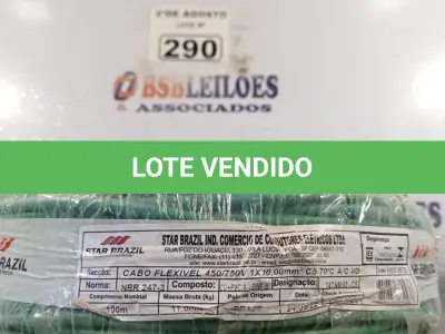 LOTE 290 - 01 CABO FLEXÍVEL DE FIO DE 100M 1X10,00MM² VERDE. (NOVO) (NO ESTADO) ATENÇÃO! FAZER A VISITAÇÃO ANTES DE ARREMATAR, NÃO SABEMOS SE FUNCIONA. LEILÃO NÃO TEM GARANTIA E NEM DEVOLUÇÃO, SUJEITO A POSSÍVEIS AVARIAS VISÍVEIS/OCULTAS E/OU AUSÊNCIA DE COMPONENTES.