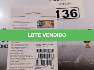 LOTE 136 - 01 CARREGADOR PORTÁTIL 1000MHA MI3(NOVO). (NO ESTADO) ATENÇÃO! FAZER A VISITAÇÃO ANTES DE ARREMATAR, NÃO SABEMOS SE FUNCIONA. LEILÃO NÃO TEM GARANTIA E NEM DEVOLUÇÃO, SUJEITO A POSSÍVEIS AVARIAS VISÍVEIS/OCULTAS E/OU AUSÊNCIA DE COMPONENTES.